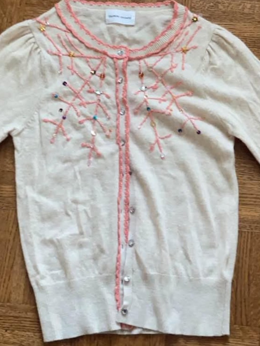 Tsumori Chisato Cream Cardigan with Pink Trim and Sequin Detail